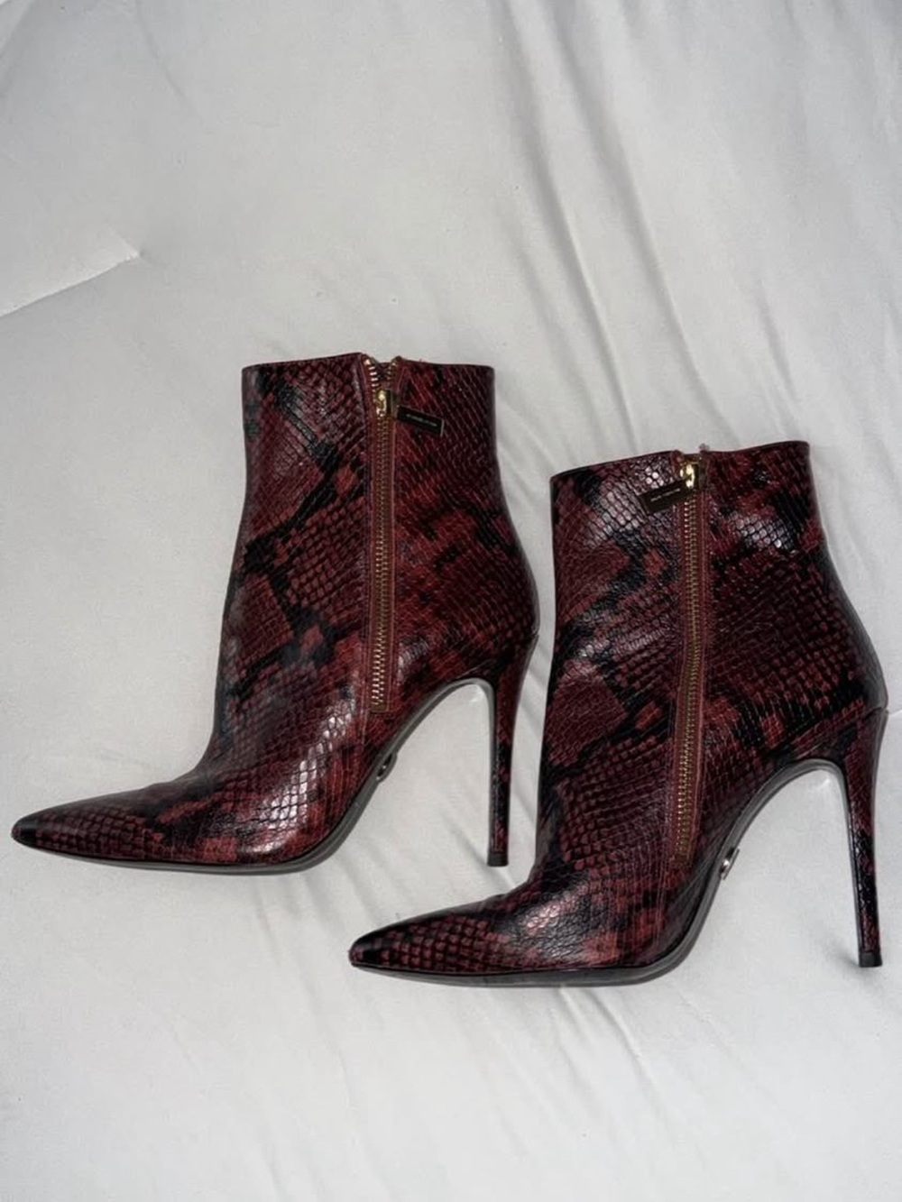 Michael Kors Pointed Toe Snake-Print Ankle Boots in Burgundy